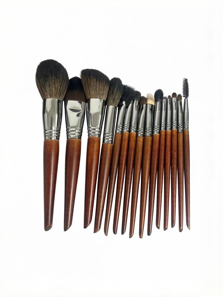 15-piece high-end brown-burnished oak handle makeup brushes