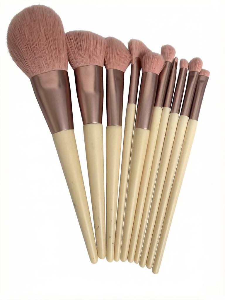 High-end 10-piece champagne-colored wooden-handle makeup brushes