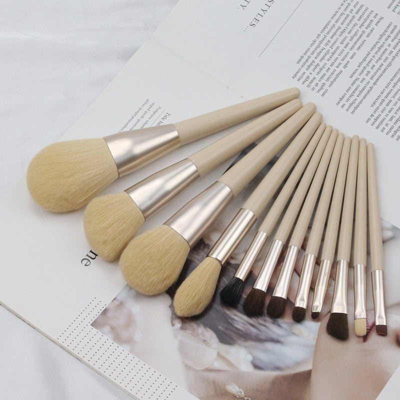 New Morandi 12-piece wooden-handle makeup brushes set - eyeshadow brush, animal hair corn fiber loose powder brush, blush brush