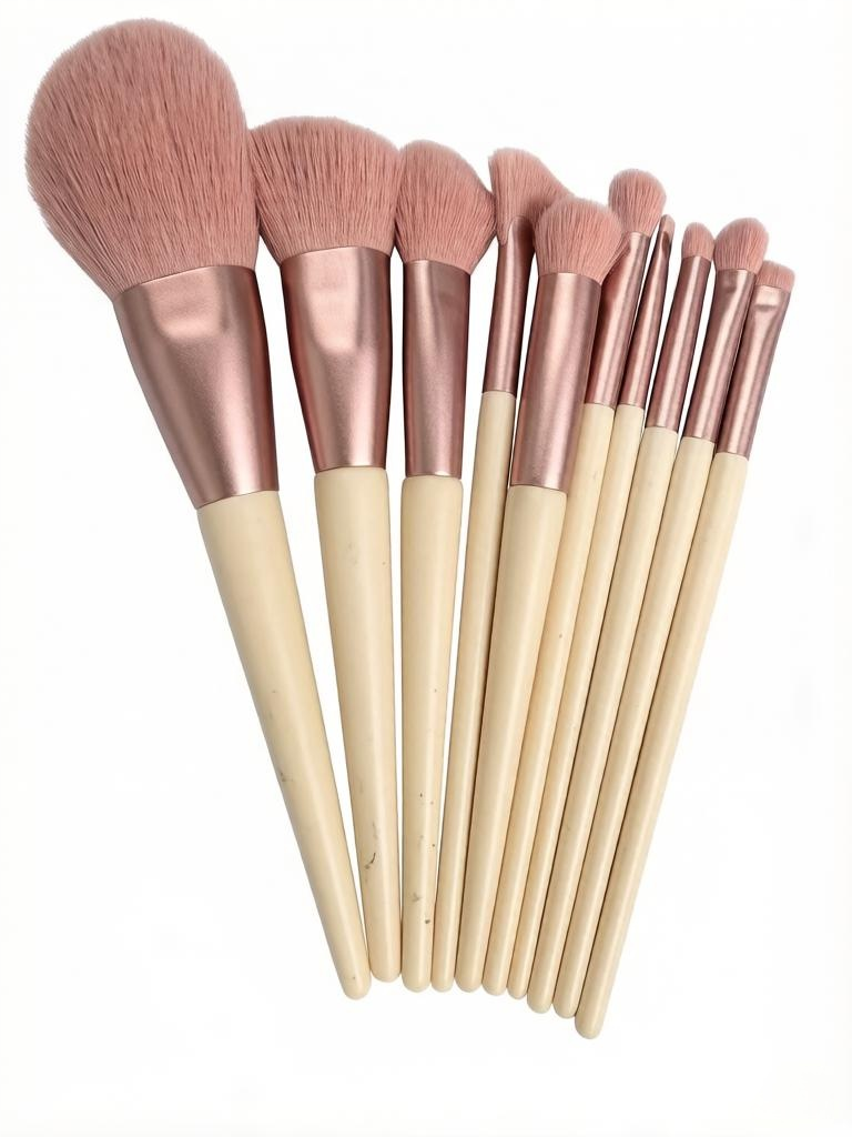 High-end 10-piece champagne-colored wooden-handle makeup brushes