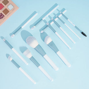 12 blue and white makeup brushes